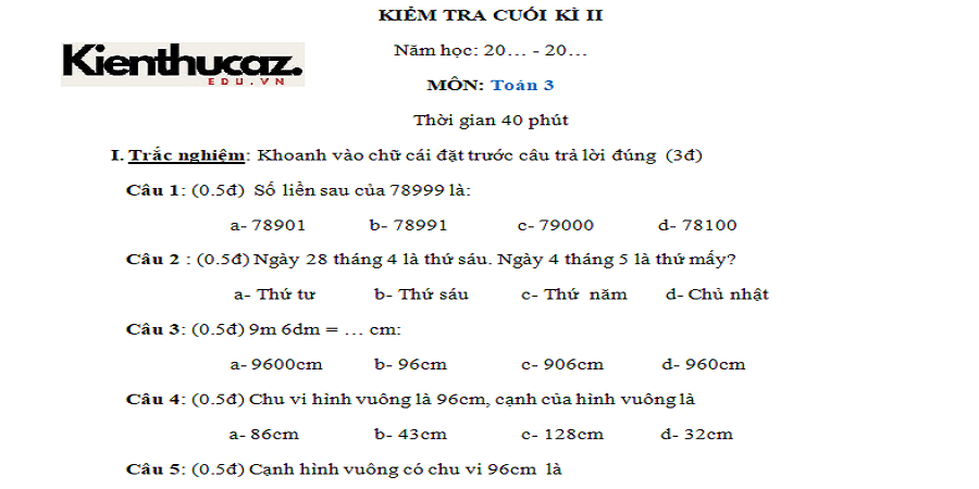 Đề Thi Toán Học Kỳ 2 Lớp 3