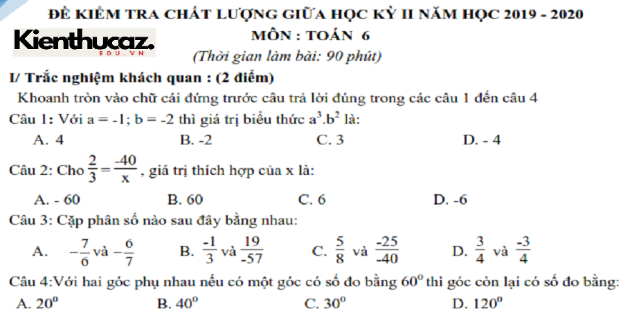 Đề Toán Lớp 6 Học Kì 2